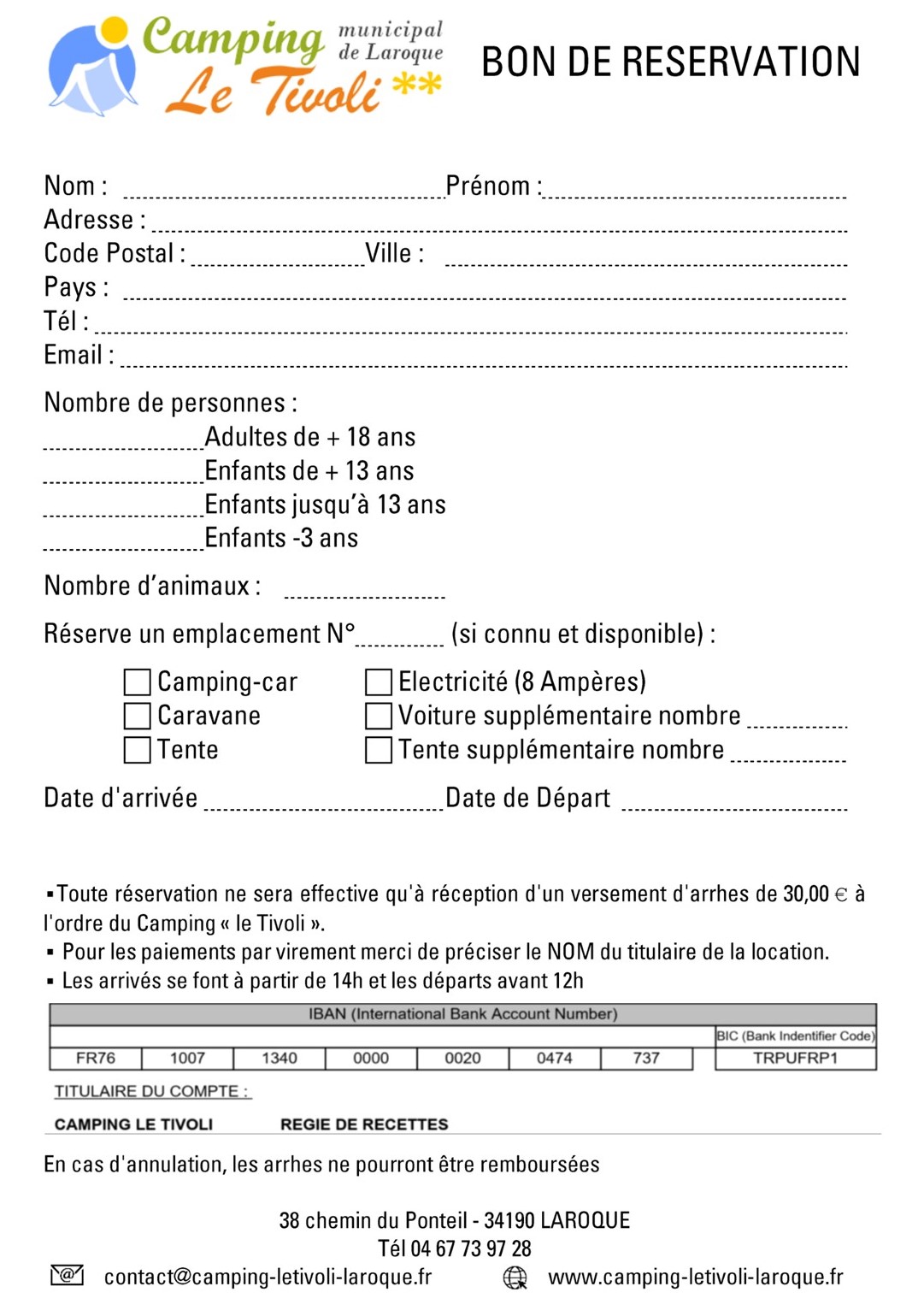 bon de reservation au camping municipal de Laroque - Le Tivoli